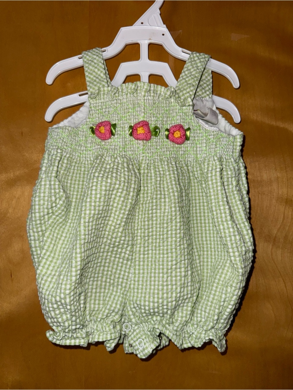 Green Seersucker Baby Bubble Romper with Pink Flower Accents